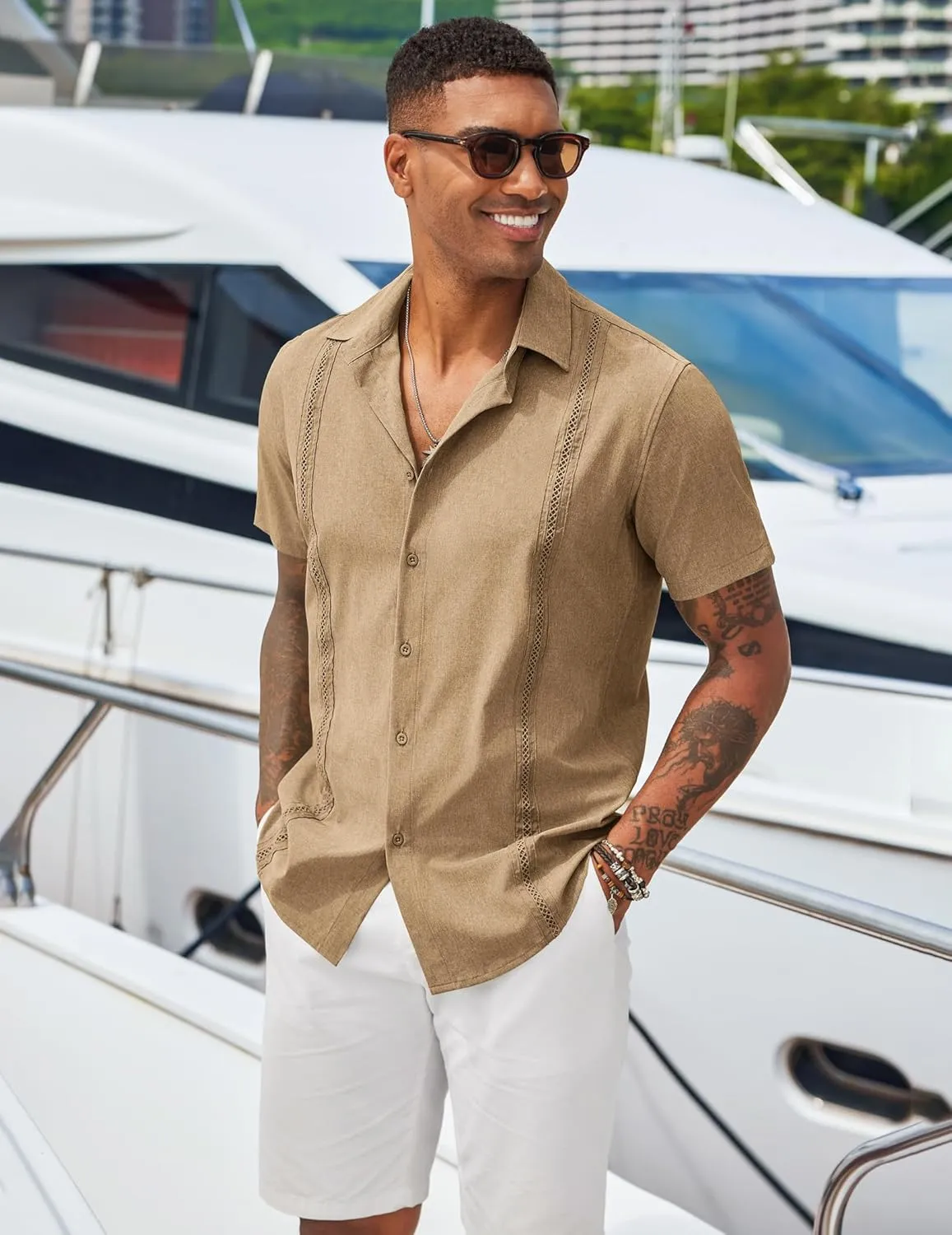 COOFANDY Men's Cuban Guayabera Shirts Casual Short Sleeve Button Down Shirt Summer Beach Vacation Shirt
