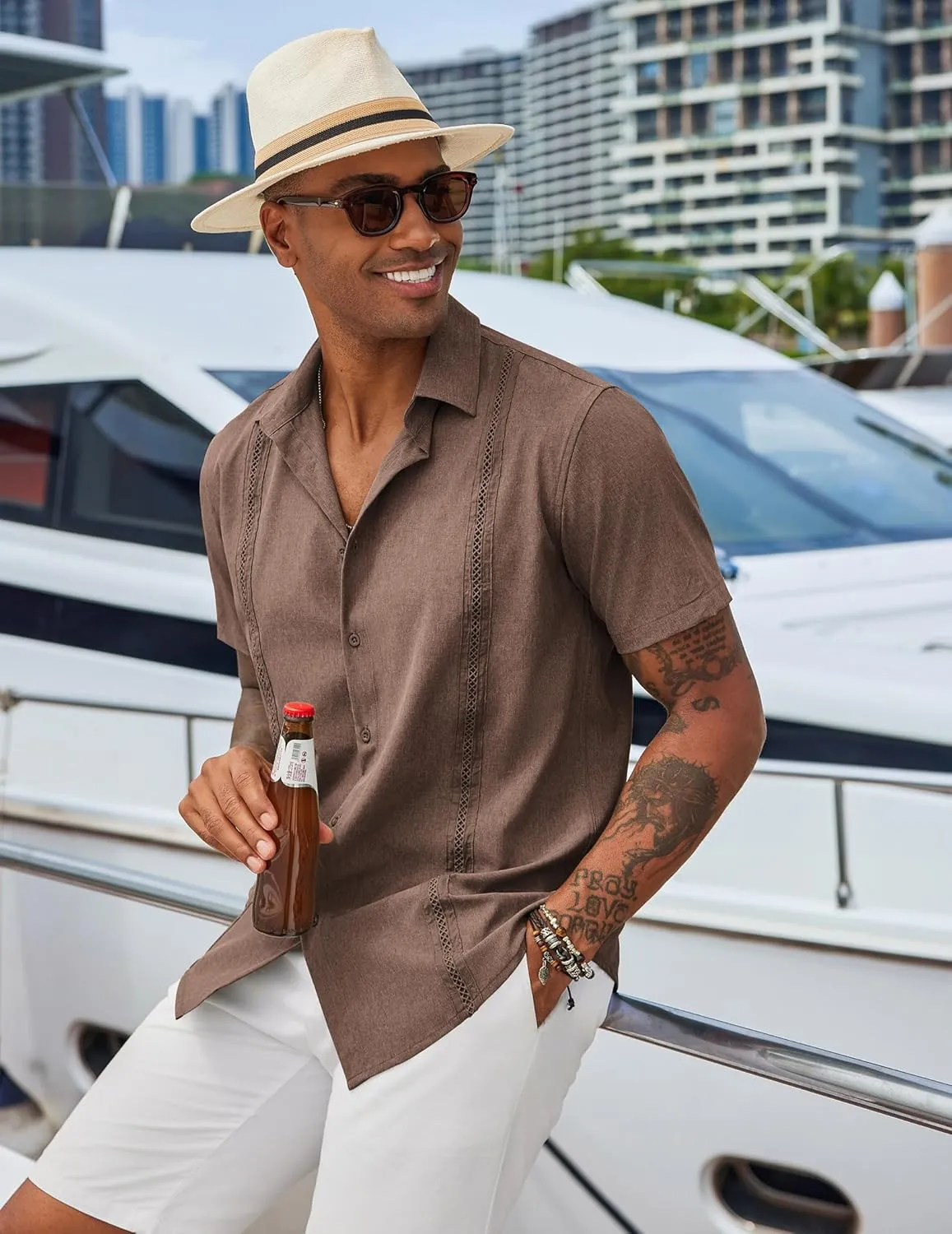 COOFANDY Men's Cuban Guayabera Shirts Casual Short Sleeve Button Down Shirt Summer Beach Vacation Shirt