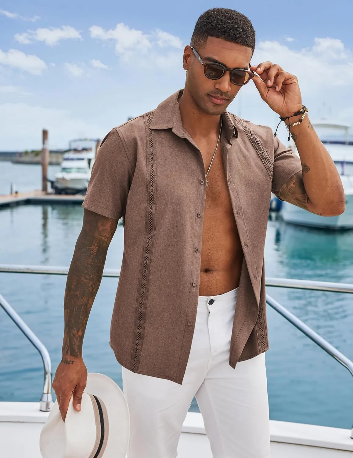 COOFANDY Men's Cuban Guayabera Shirts Casual Short Sleeve Button Down Shirt Summer Beach Vacation Shirt