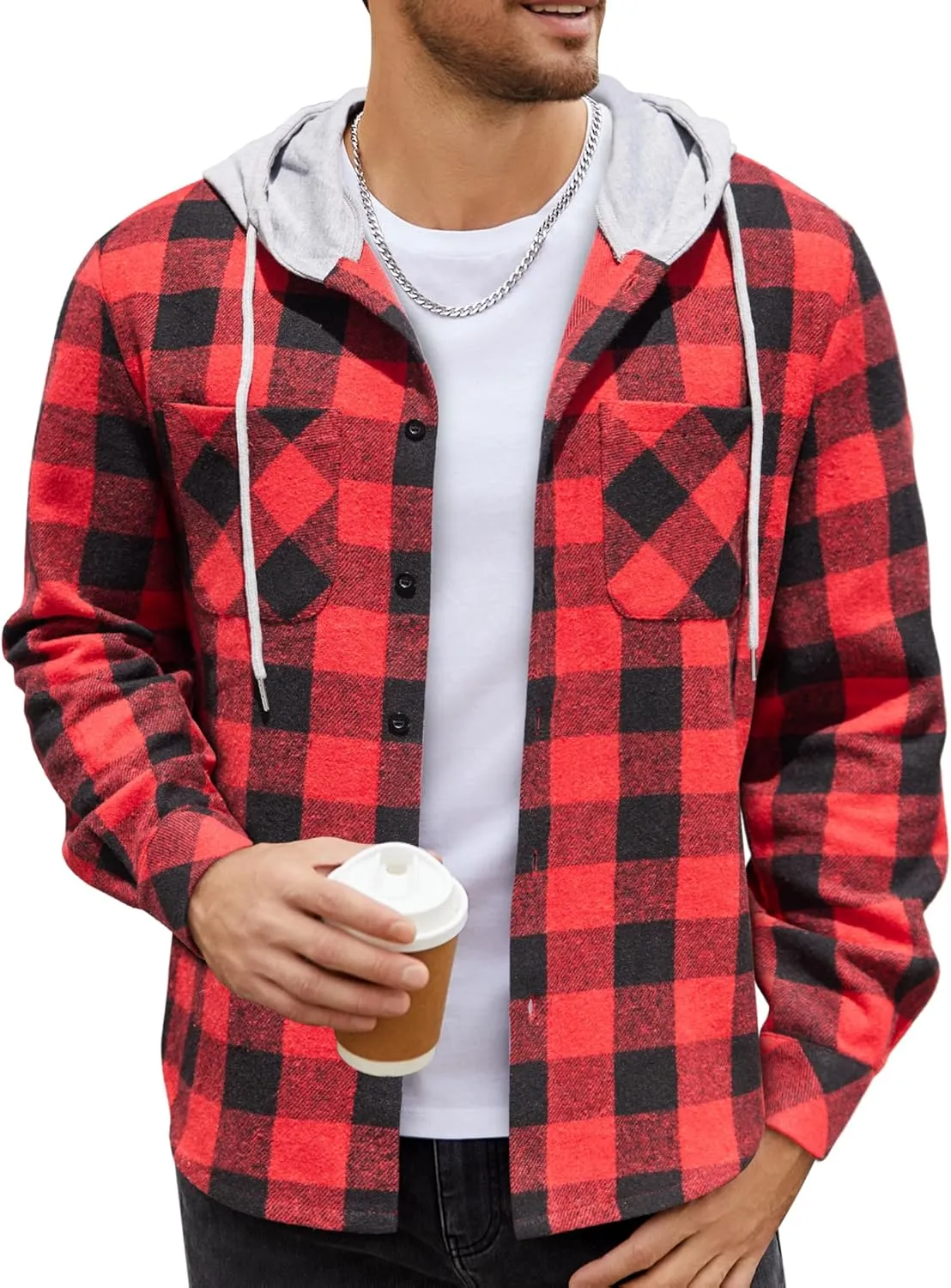COOFANDY Men's Flannel Hoodie Plaid Shirt Long Sleeve Button Down Casual Shirt Jacket Lightweight Fall Shacket