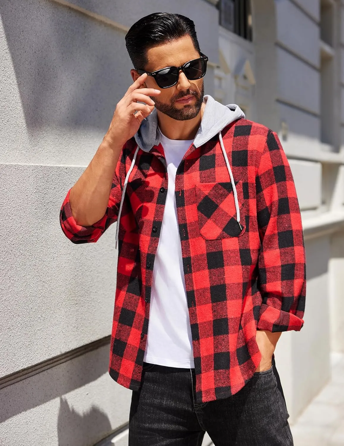 COOFANDY Men's Flannel Hoodie Plaid Shirt Long Sleeve Button Down Casual Shirt Jacket Lightweight Fall Shacket