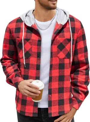 COOFANDY Men's Flannel Hoodie Plaid Shirt Long Sleeve Button Down Casual Shirt Jacket Lightweight Fall Shacket