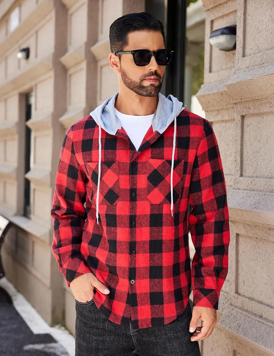 COOFANDY Men's Flannel Hoodie Plaid Shirt Long Sleeve Button Down Casual Shirt Jacket Lightweight Fall Shacket