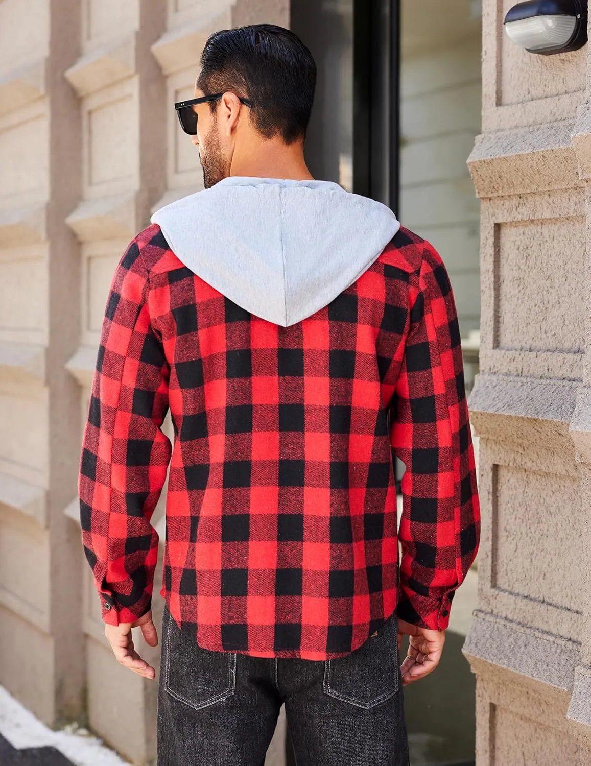 COOFANDY Men's Flannel Hoodie Plaid Shirt Long Sleeve Button Down Casual Shirt Jacket Lightweight Fall Shacket