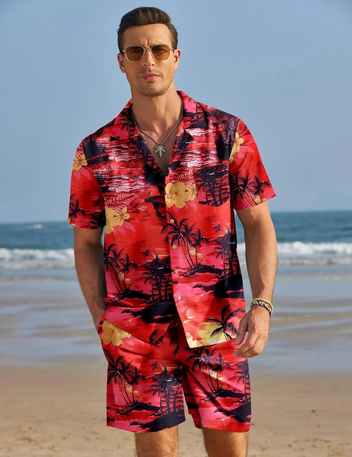 COOFANDY Mens Hawaiian Shirt and Shorts Set 2 Piece Vacation Outfits Floral Button Down Shirt