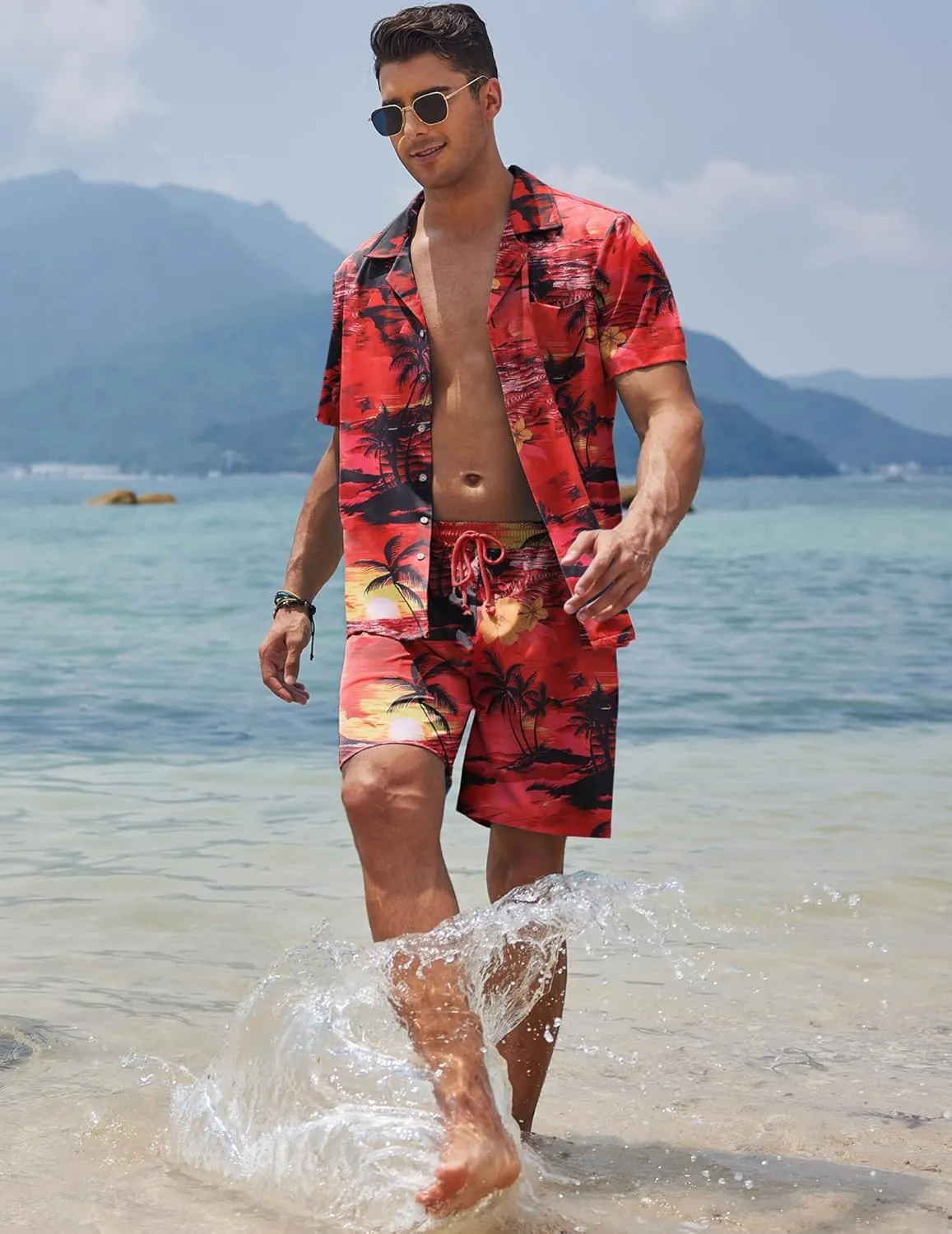 COOFANDY Mens Hawaiian Shirt and Shorts Set 2 Piece Vacation Outfits Floral Button Down Shirt