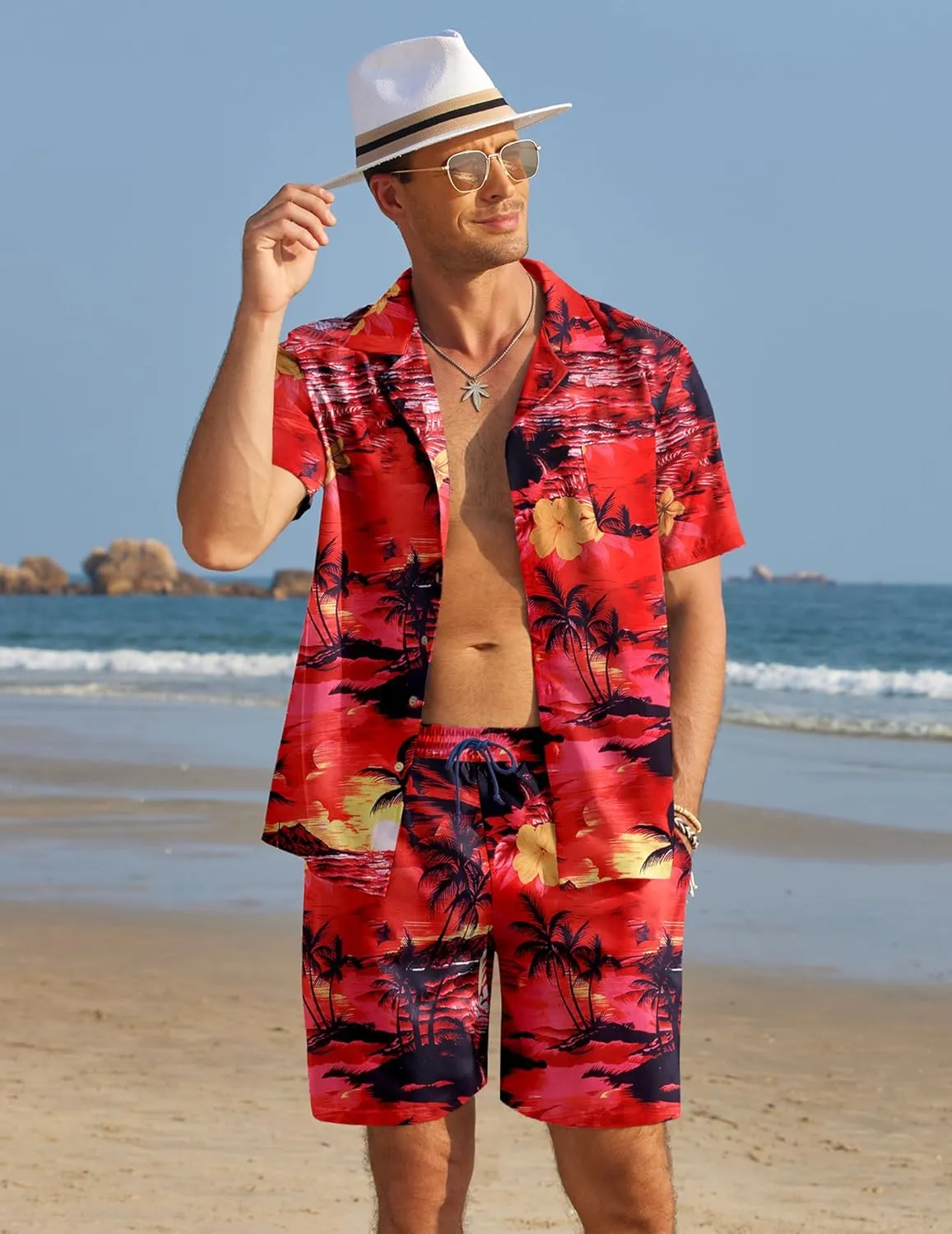COOFANDY Mens Hawaiian Shirt and Shorts Set 2 Piece Vacation Outfits Floral Button Down Shirt