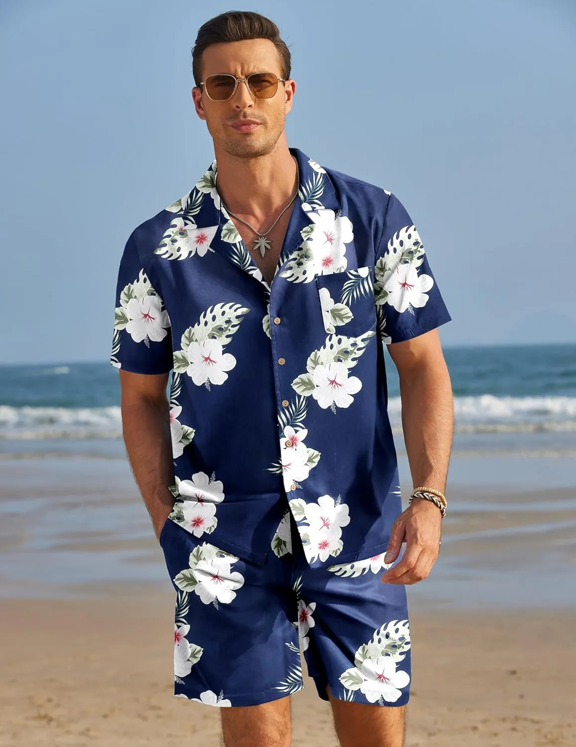 COOFANDY Mens Hawaiian Shirt and Shorts Set 2 Piece Vacation Outfits Floral Button Down Shirt