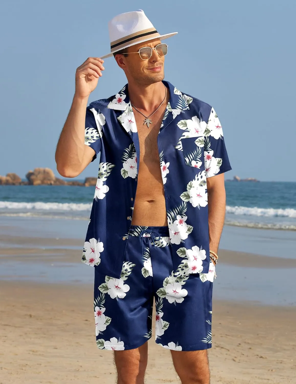 COOFANDY Mens Hawaiian Shirt and Shorts Set 2 Piece Vacation Outfits Floral Button Down Shirt