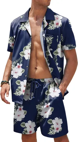 COOFANDY Mens Hawaiian Shirt and Shorts Set 2 Piece Vacation Outfits Floral Button Down Shirt