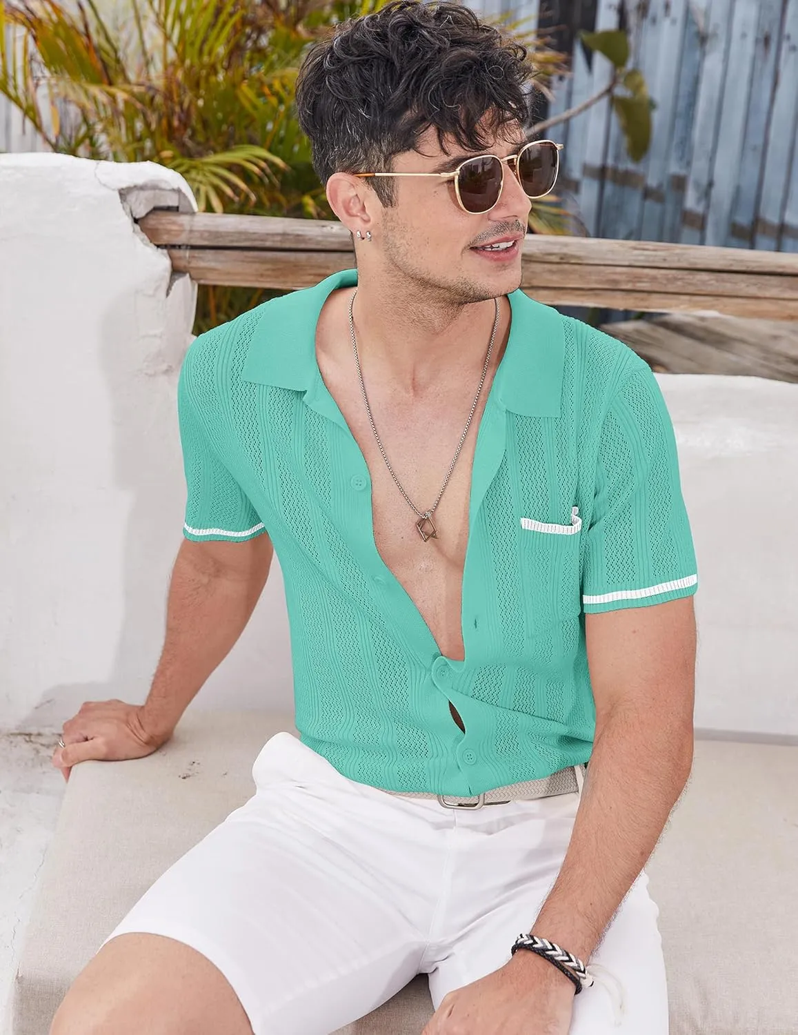 COOFANDY Men's Knit Button Down Shirt 2025 Vintage Short Sleeve Polo Shirt Casual Beach Tops