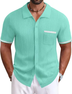 COOFANDY Men's Knit Button Down Shirt 2025 Vintage Short Sleeve Polo Shirt Casual Beach Tops