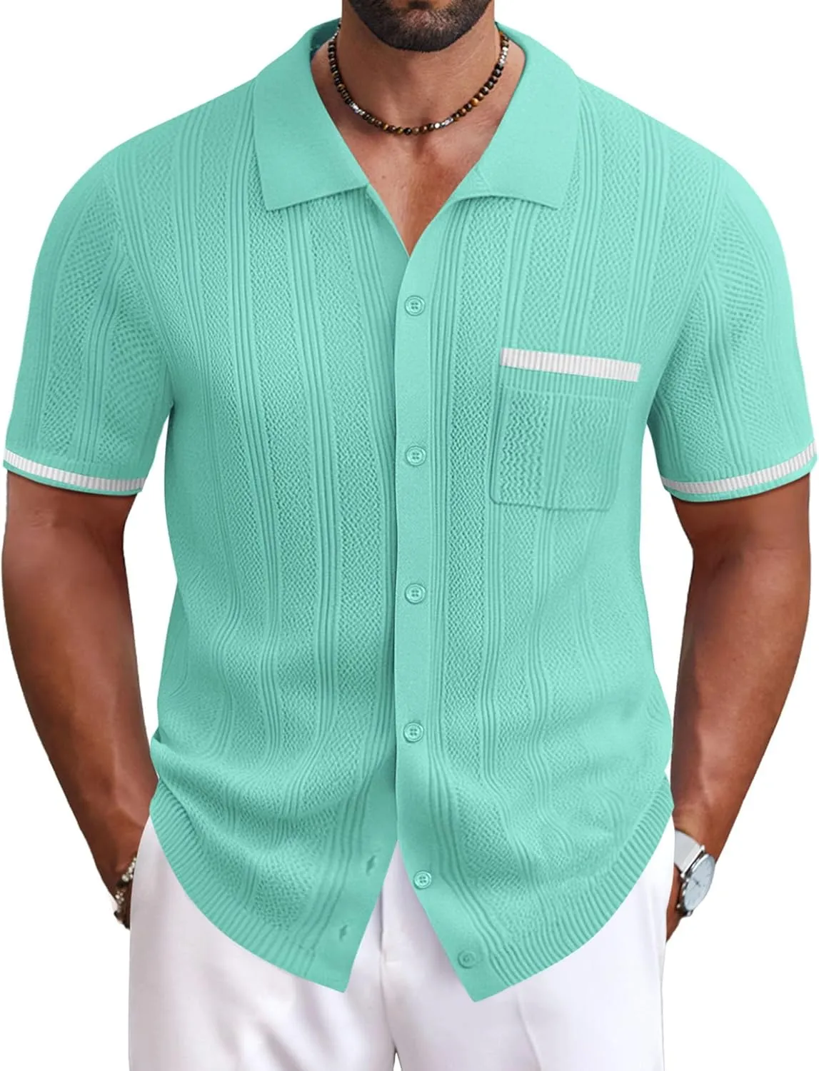 COOFANDY Men's Knit Button Down Shirt 2025 Vintage Short Sleeve Polo Shirt Casual Beach Tops