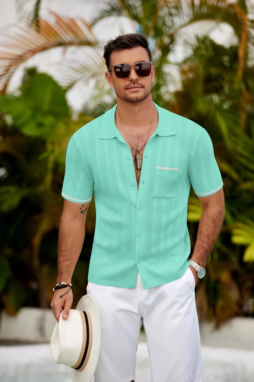 COOFANDY Men's Knit Button Down Shirt 2025 Vintage Short Sleeve Polo Shirt Casual Beach Tops