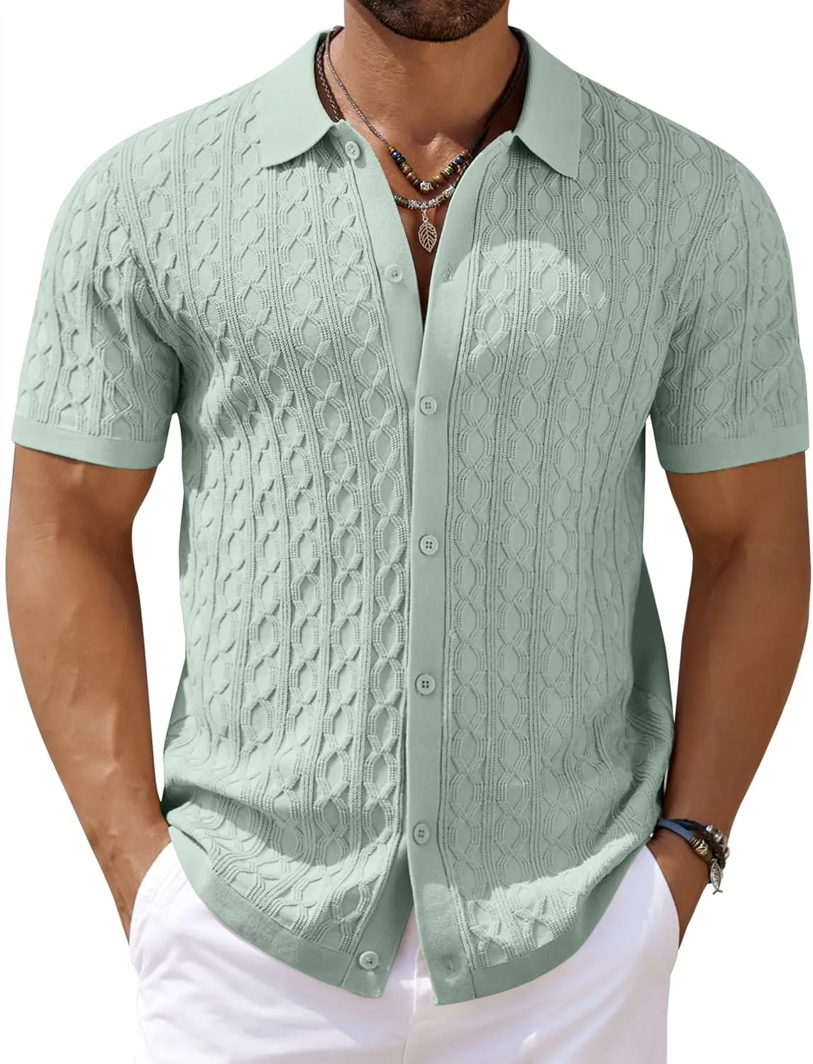 COOFANDY Men's Knit Short Sleeve Shirts Button Down Vintage Knitted Polo Shirt Casual Beach Crochet Cable Vacation Shirt