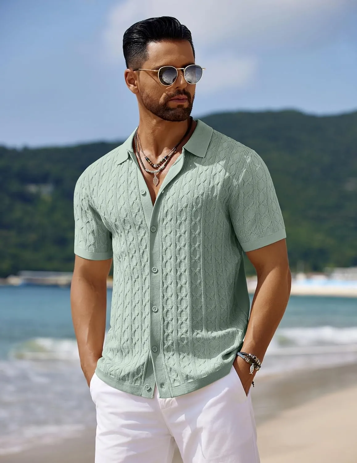 COOFANDY Men's Knit Short Sleeve Shirts Button Down Vintage Knitted Polo Shirt Casual Beach Crochet Cable Vacation Shirt