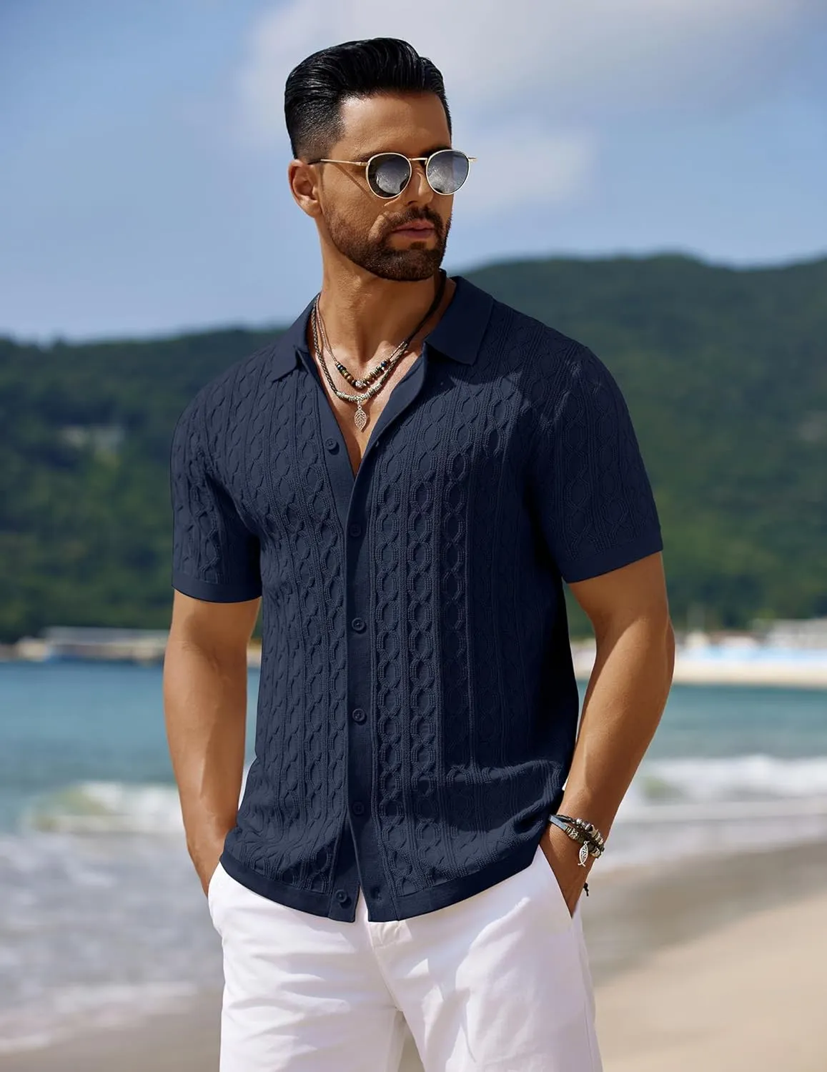 COOFANDY Men's Knit Short Sleeve Shirts Button Down Vintage Knitted Polo Shirt Casual Beach Crochet Cable Vacation Shirt