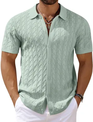 COOFANDY Men's Knit Short Sleeve Shirts Button Down Vintage Knitted Polo Shirt Casual Beach Crochet Cable Vacation Shirt