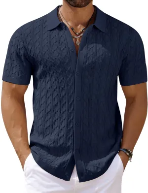 COOFANDY Men's Knit Short Sleeve Shirts Button Down Vintage Knitted Polo Shirt Casual Beach Crochet Cable Vacation Shirt