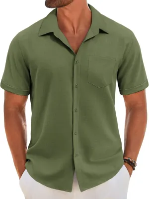 COOFANDY Men's Short Sleeve Button Down Shirt Casual Linen Shirts Summer Beach Vacation Shirt with Pocket