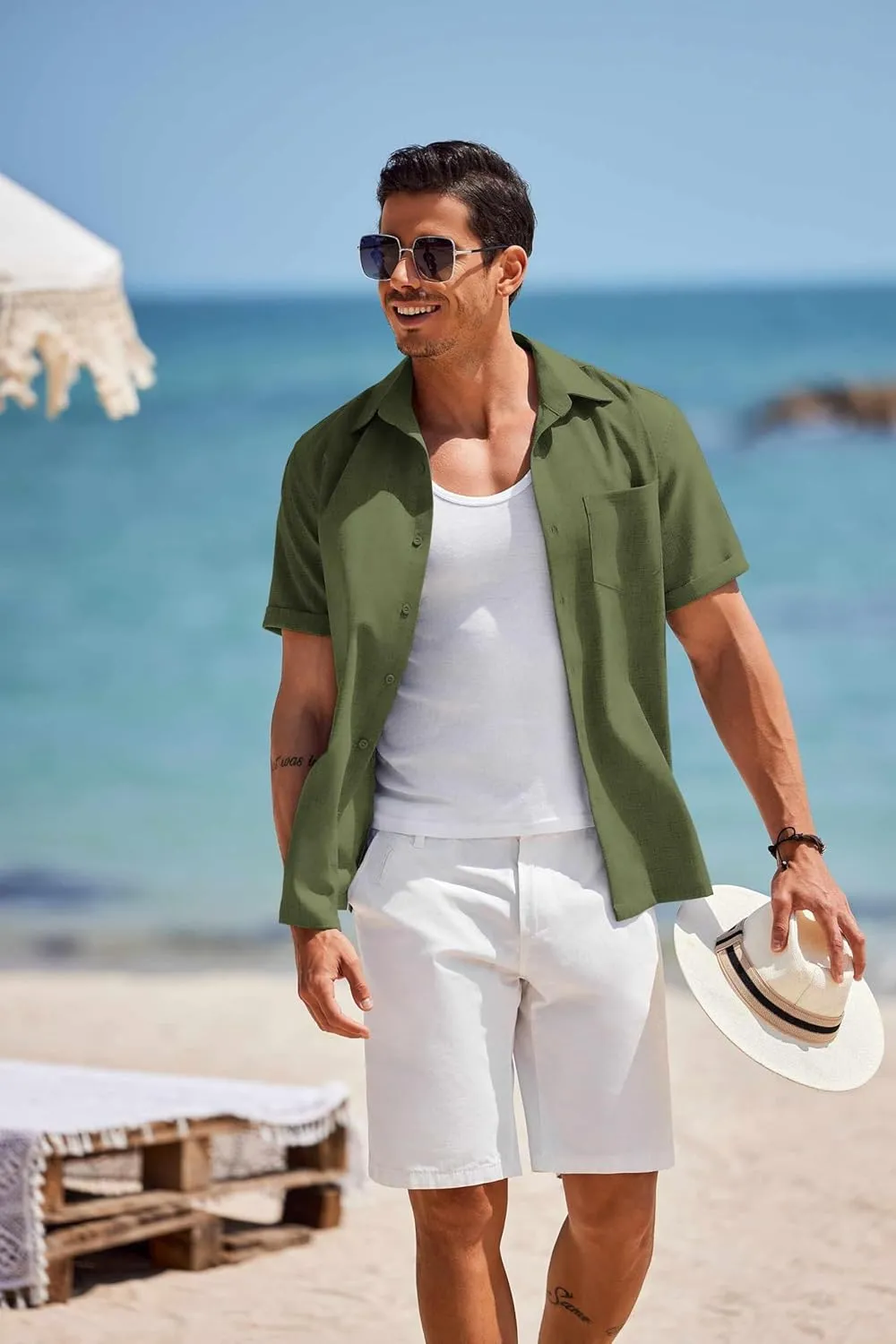 COOFANDY Men's Short Sleeve Button Down Shirt Casual Linen Shirts Summer Beach Vacation Shirt with Pocket