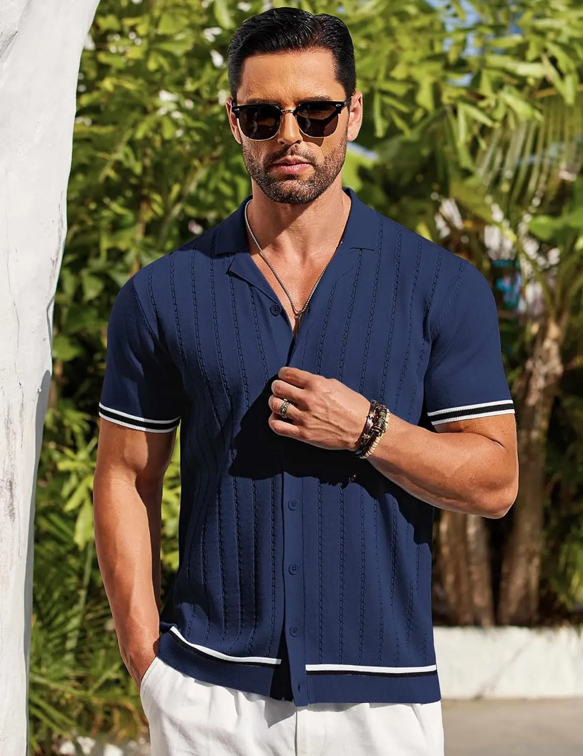 COOFANDY Men's Short Sleeve Knit Shirt Casual Button Down Shirt Vintage Striped Knitted Golf Beach Tops