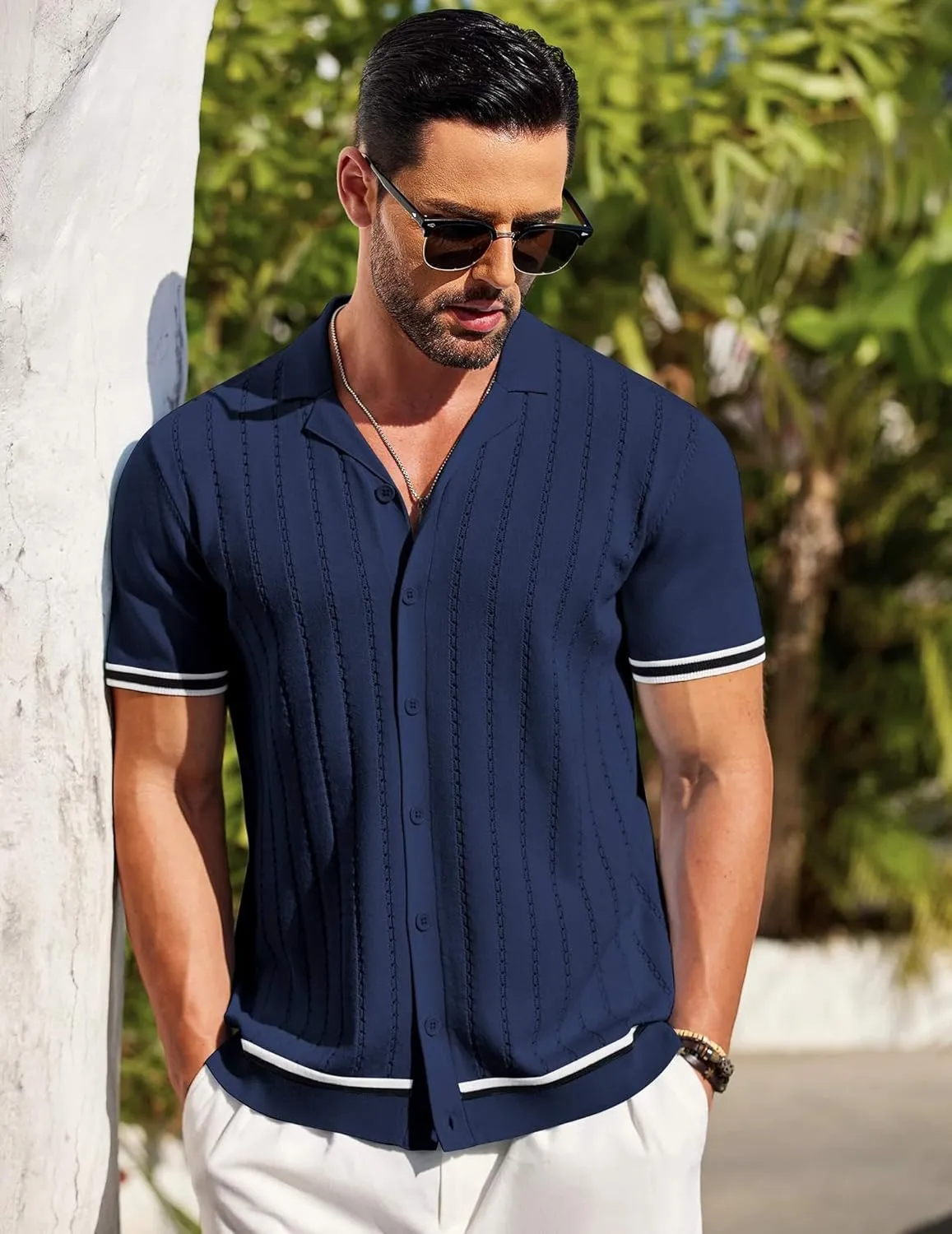 COOFANDY Men's Short Sleeve Knit Shirt Casual Button Down Shirt Vintage Striped Knitted Golf Beach Tops
