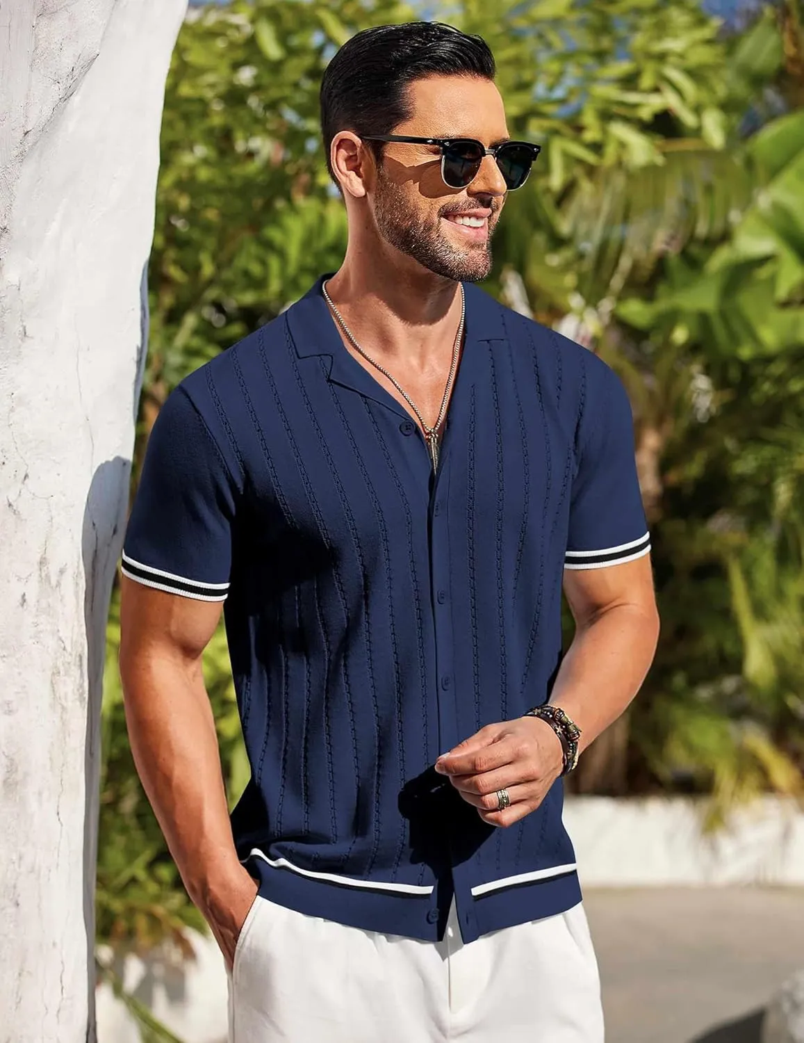 COOFANDY Men's Short Sleeve Knit Shirt Casual Button Down Shirt Vintage Striped Knitted Golf Beach Tops