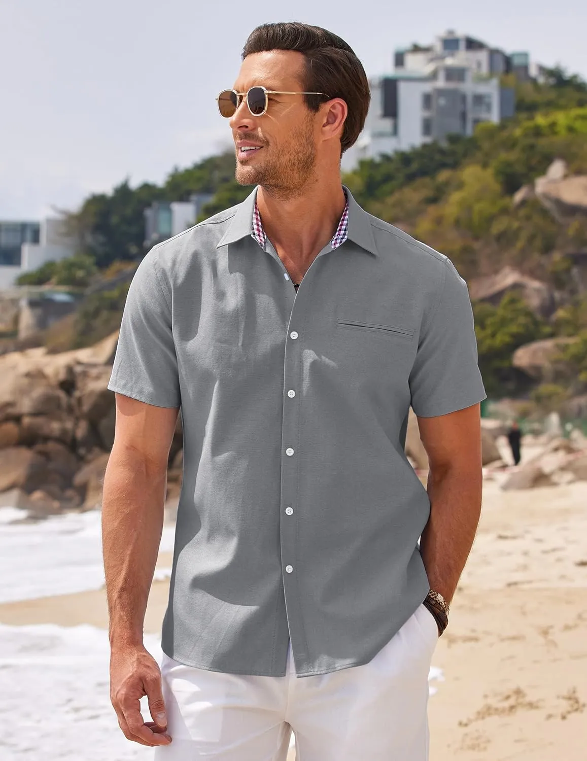 COOFANDY Men's Short Sleeve Oxford Dress Shirt Chambray Button Down Work Shirt Casual Plaid Collar Shirts
