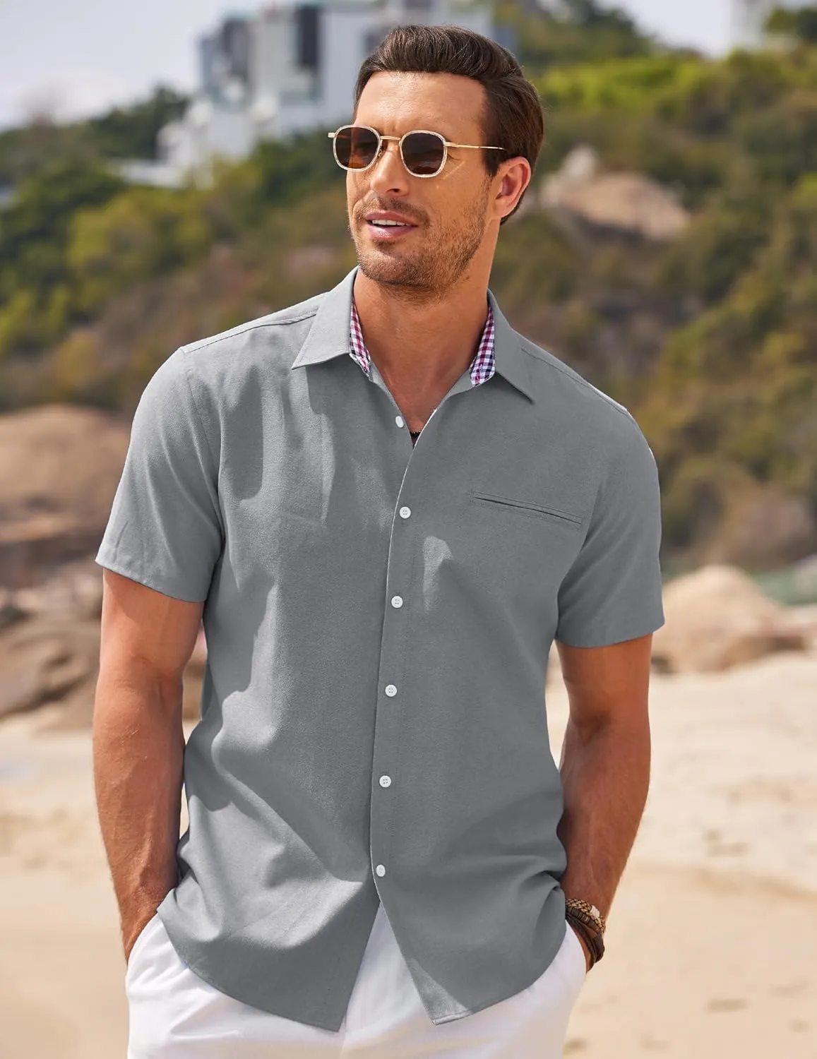 COOFANDY Men's Short Sleeve Oxford Dress Shirt Chambray Button Down Work Shirt Casual Plaid Collar Shirts