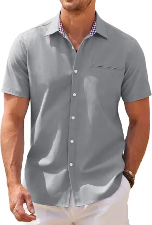 COOFANDY Men's Short Sleeve Oxford Dress Shirt Chambray Button Down Work Shirt Casual Plaid Collar Shirts