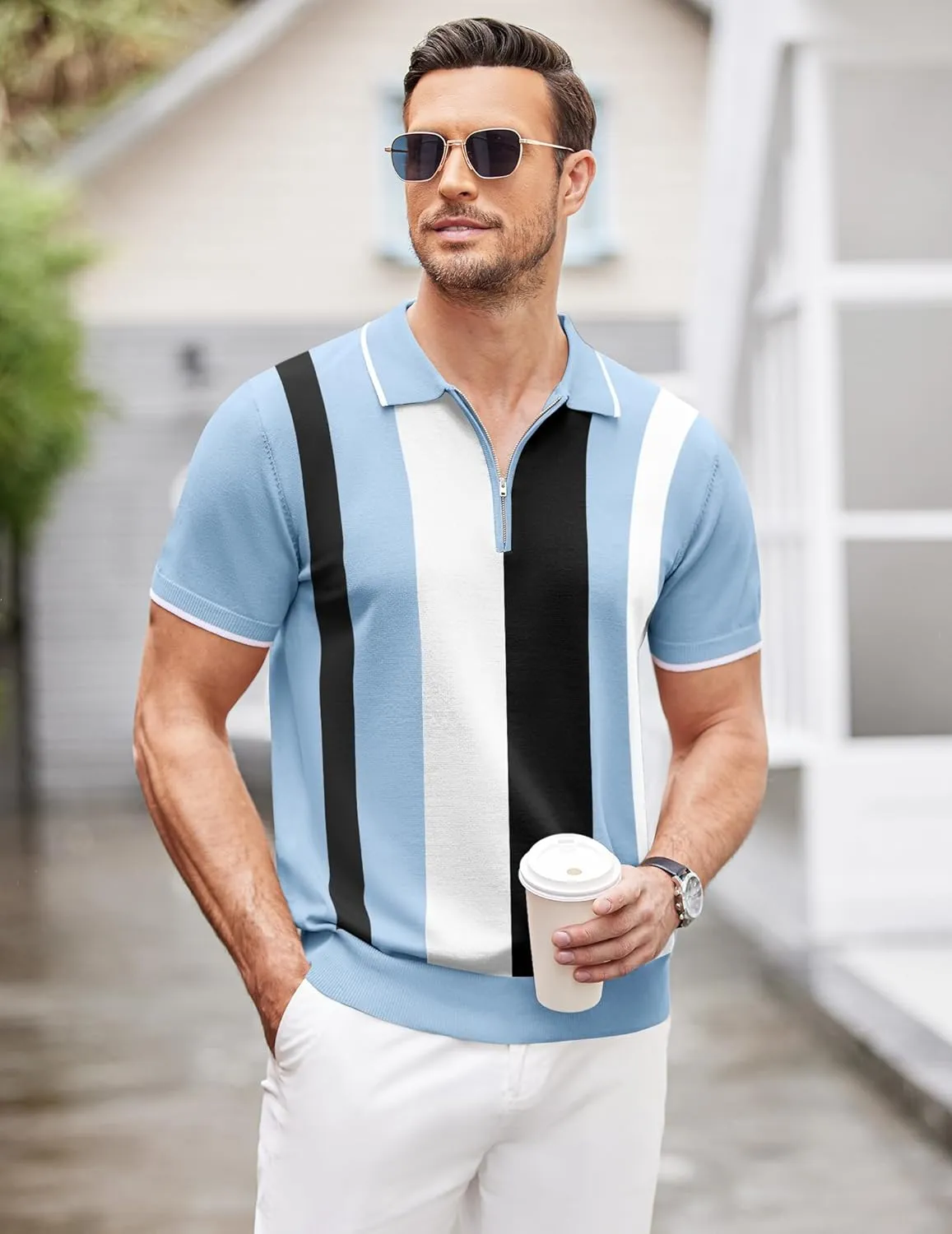 COOFANDY Men's Zipper Polo Shirt Casual Knit Short Sleeve Polo T Shirt Classic Fit Shirts
