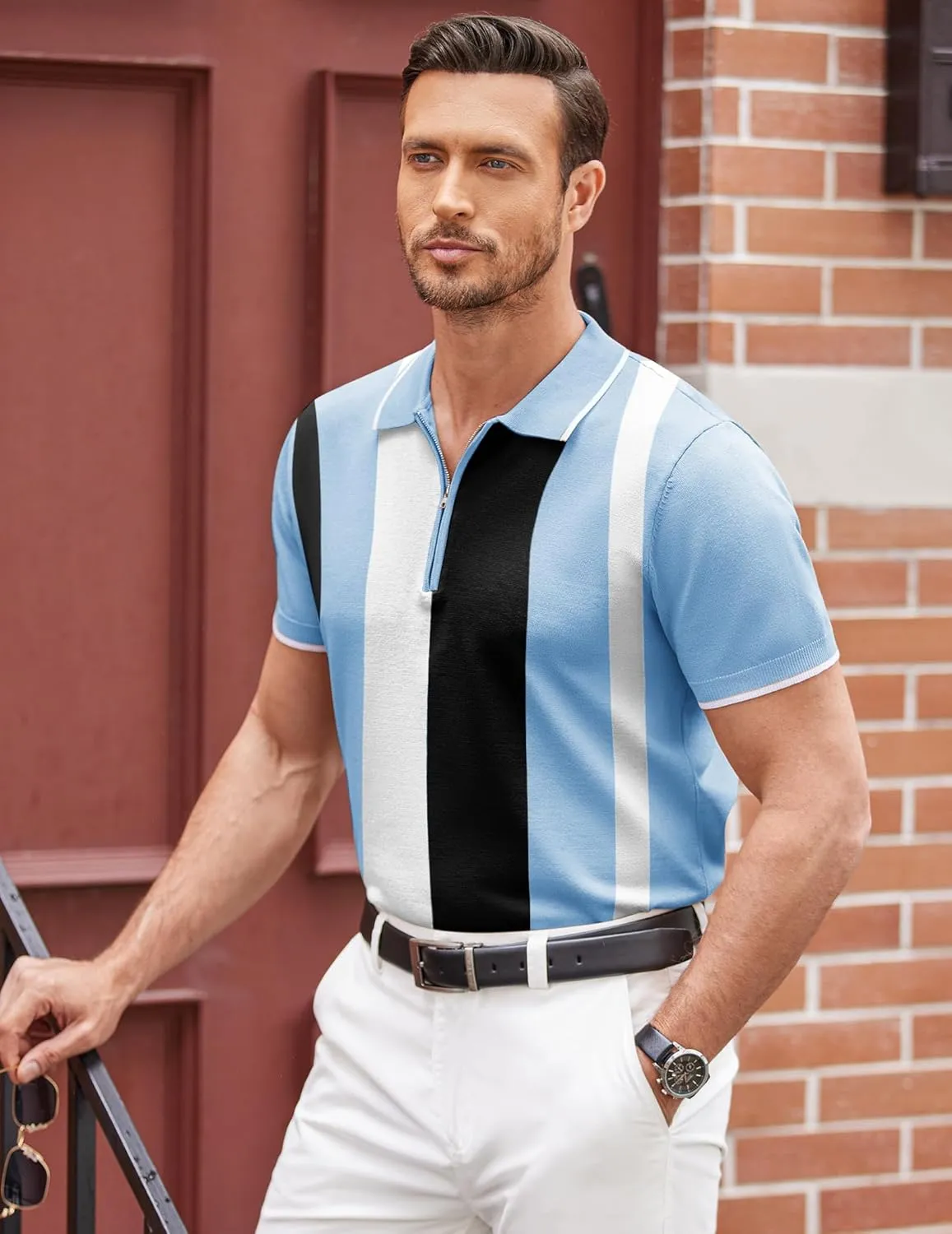 COOFANDY Men's Zipper Polo Shirt Casual Knit Short Sleeve Polo T Shirt Classic Fit Shirts