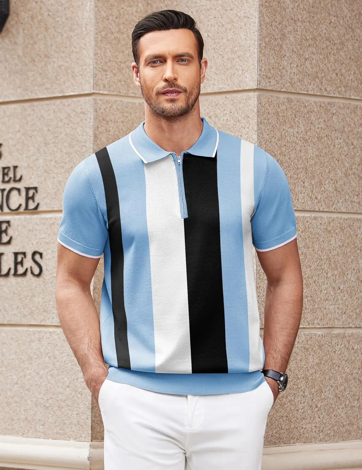 COOFANDY Men's Zipper Polo Shirt Casual Knit Short Sleeve Polo T Shirt Classic Fit Shirts