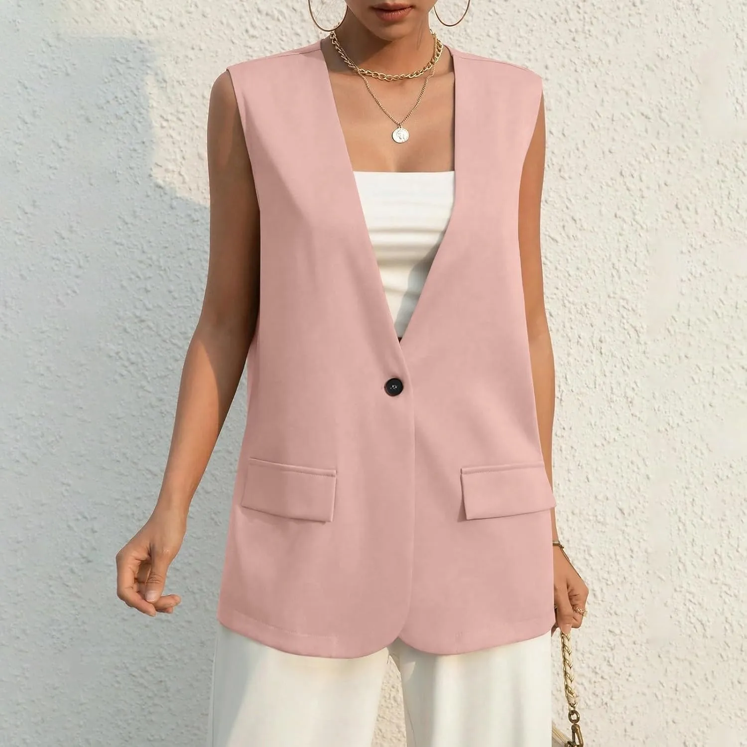 COTECRAM 2024 Vest Tops for Women Trendy Summer Sleeveless Blazer Jackets Button Casual Open Front Waistcoat Dressy Suit Vest