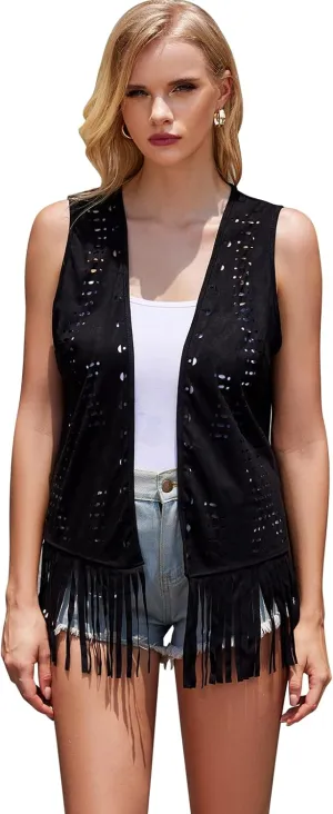 Cowgirl Western Fringe Vest Women Faux Suede Sleeveless Vest Jacket Cardigan 70s Country Concert Outfits Costume Hippie