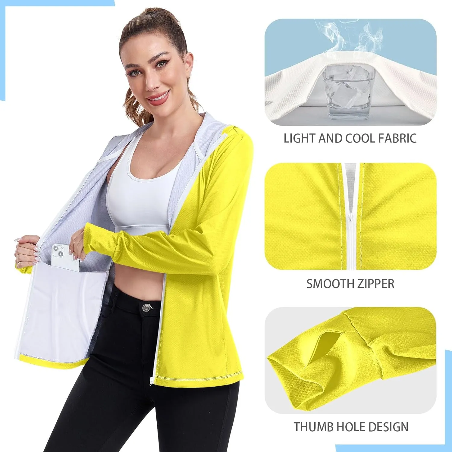 Cream Womens UPF Hoodie UPF 50  Sun Protection Jacket Hooded Women's Hoodie Zip Front Rash Guard