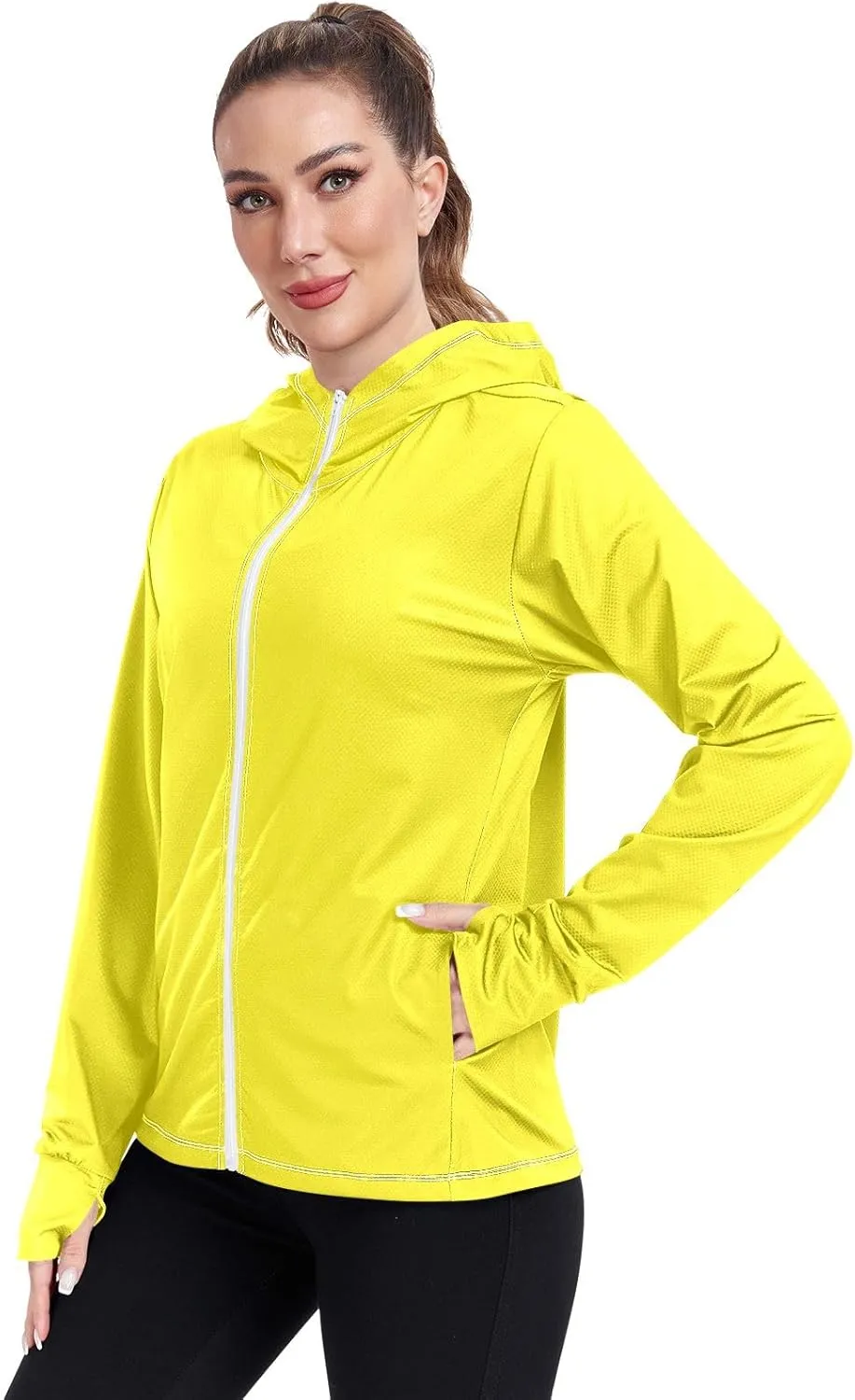 Cream Womens UPF Hoodie UPF 50  Sun Protection Jacket Hooded Women's Hoodie Zip Front Rash Guard