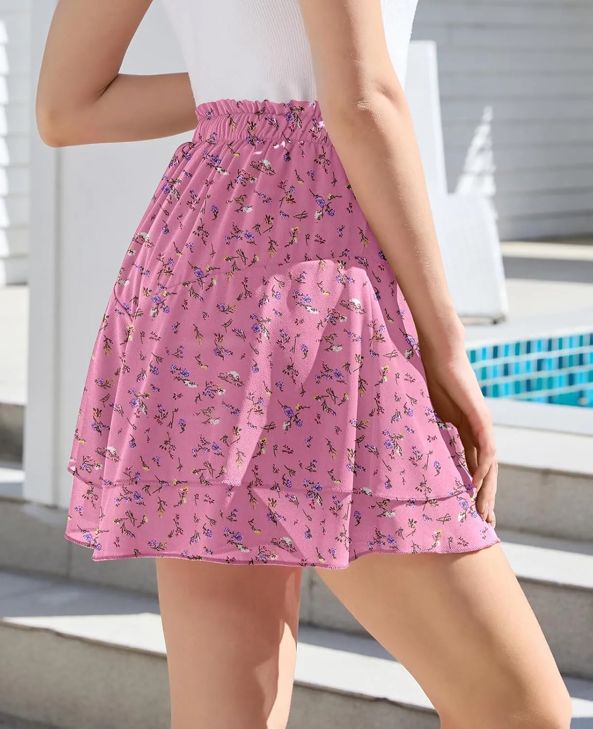 CYiNu Women's Flowy Short Boho Floral Skorts Casual Ruffle High Waist Mini Skirts Summer Running Chiffon Butterfly Culottes
