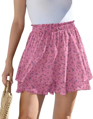 CYiNu Women's Flowy Short Boho Floral Skorts Casual Ruffle High Waist Mini Skirts Summer Running Chiffon Butterfly Culottes