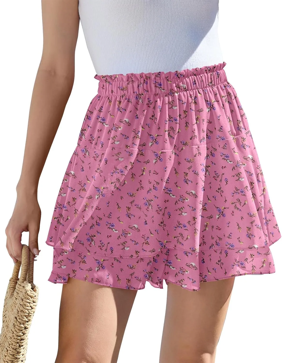 CYiNu Women's Flowy Short Boho Floral Skorts Casual Ruffle High Waist Mini Skirts Summer Running Chiffon Butterfly Culottes
