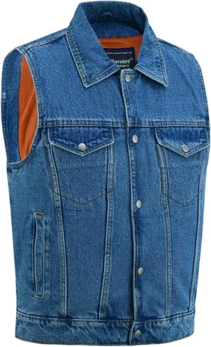 Daniel Smart Biker Vest for Men Unique Raw Blue & Black Denim Vest with Snap Closure & Concealment Armory Pocket