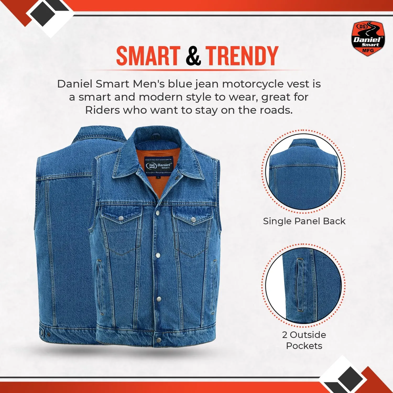 Daniel Smart Biker Vest for Men Unique Raw Blue & Black Denim Vest with Snap Closure & Concealment Armory Pocket