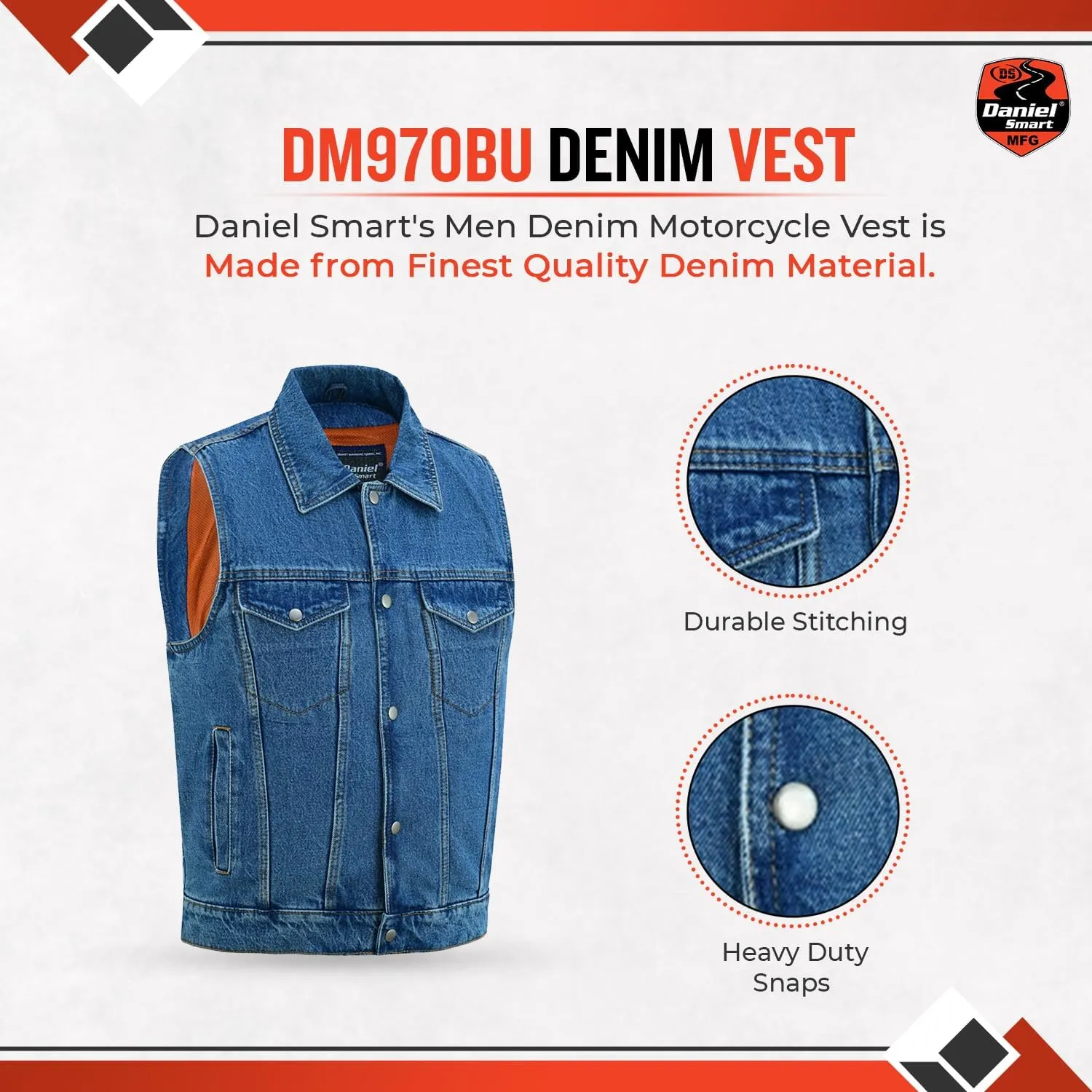 Daniel Smart Biker Vest for Men Unique Raw Blue & Black Denim Vest with Snap Closure & Concealment Armory Pocket
