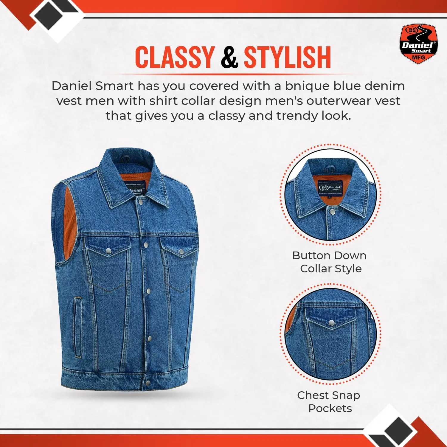Daniel Smart Biker Vest for Men Unique Raw Blue & Black Denim Vest with Snap Closure & Concealment Armory Pocket