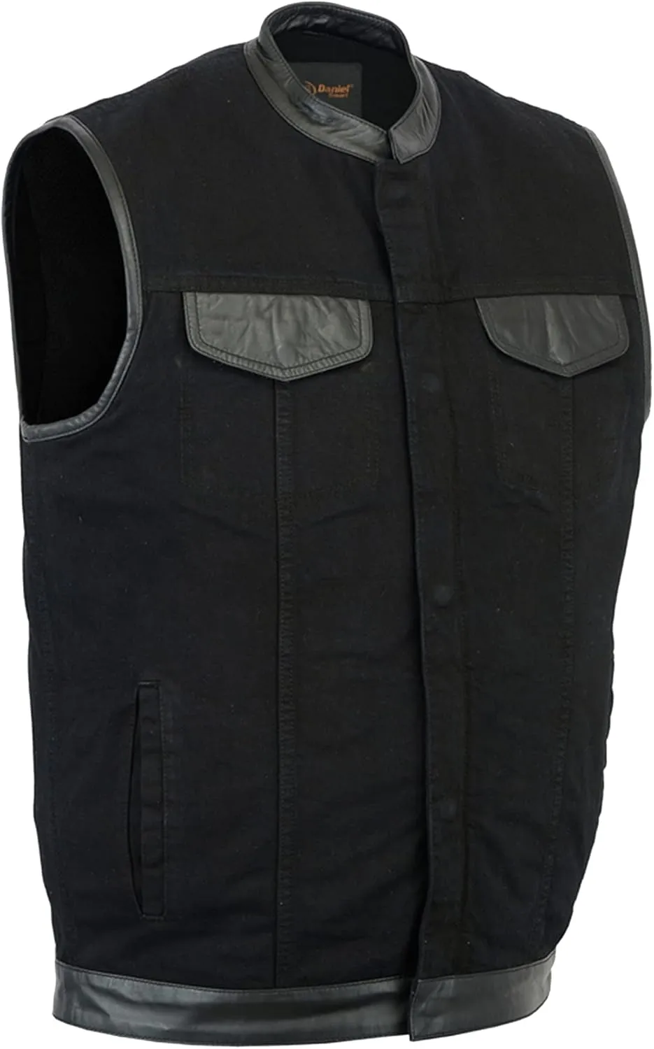Daniel Smart Mens Vest Unique black denim vest men with Leather Detailing Motorcycle Vest with Concealment Carry Pocket