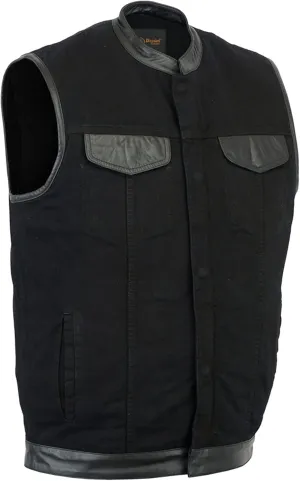 Daniel Smart Mens Vest Unique black denim vest men with Leather Detailing Motorcycle Vest with Concealment Carry Pocket