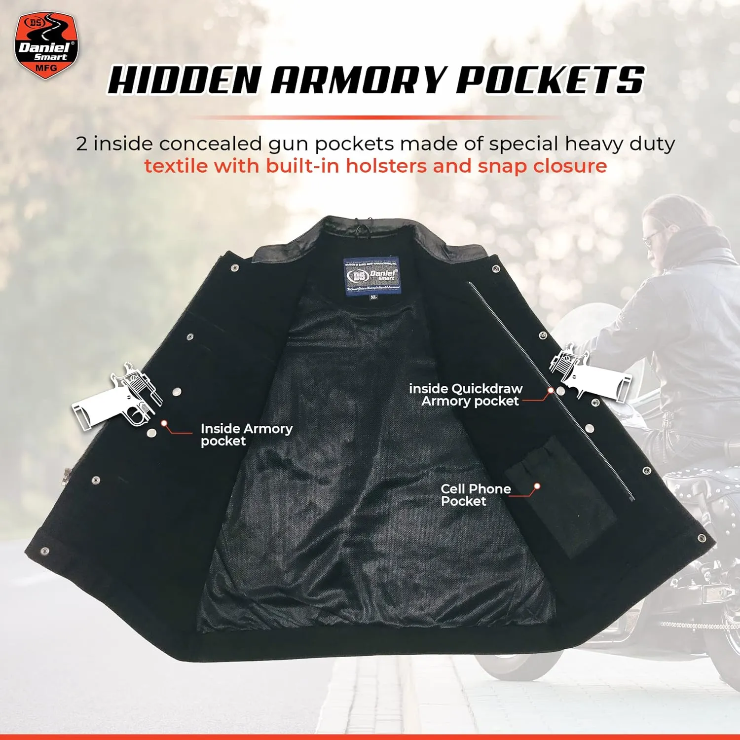 Daniel Smart Mens Vest Unique black denim vest men with Leather Detailing Motorcycle Vest with Concealment Carry Pocket
