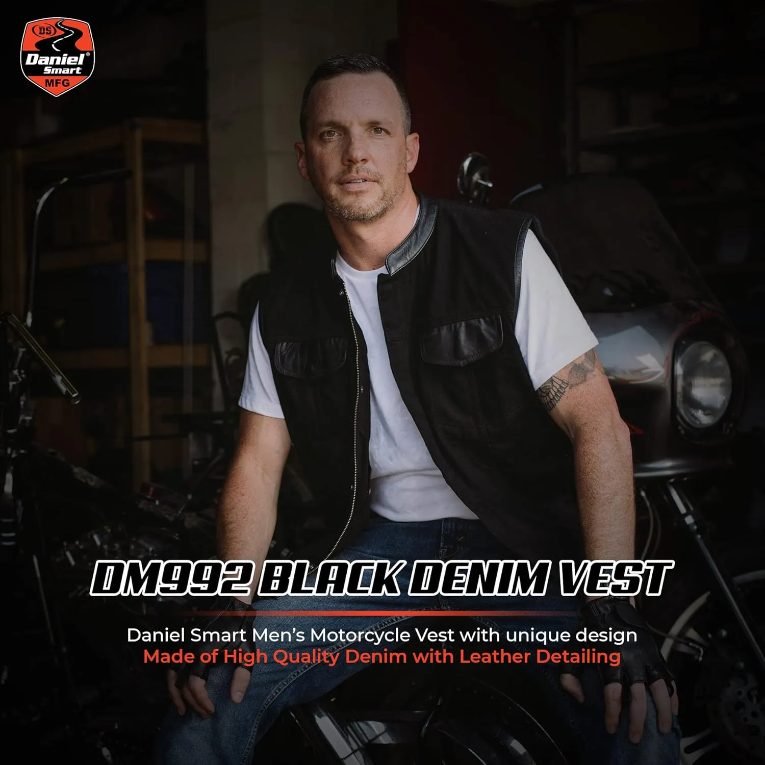 Daniel Smart Mens Vest Unique black denim vest men with Leather Detailing Motorcycle Vest with Concealment Carry Pocket