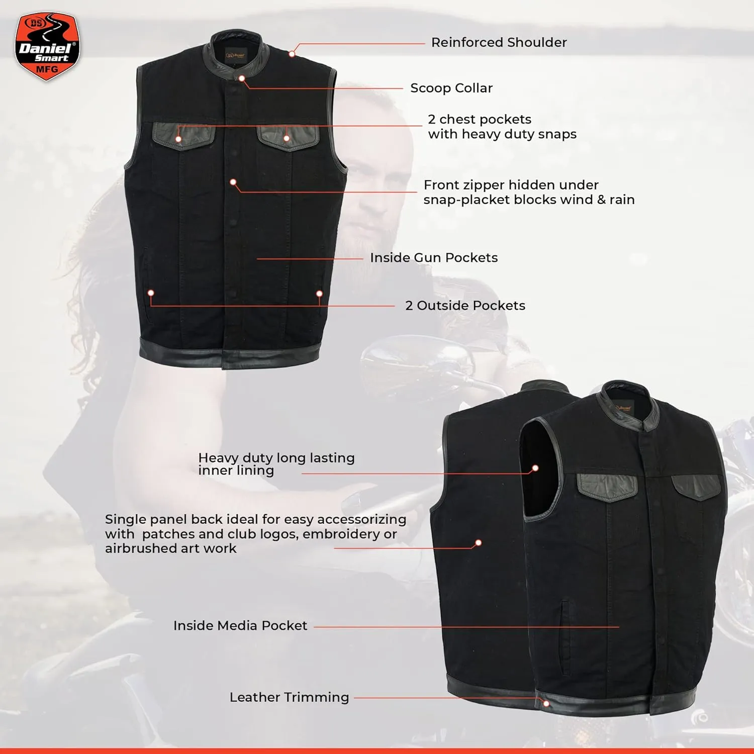 Daniel Smart Mens Vest Unique black denim vest men with Leather Detailing Motorcycle Vest with Concealment Carry Pocket